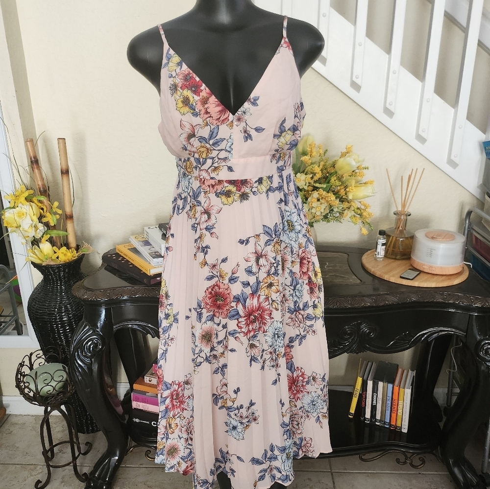 Thirty Thirty Floral Print Tank Pleated Skirt Tie Back Dress Size XL Fits MEDIUM